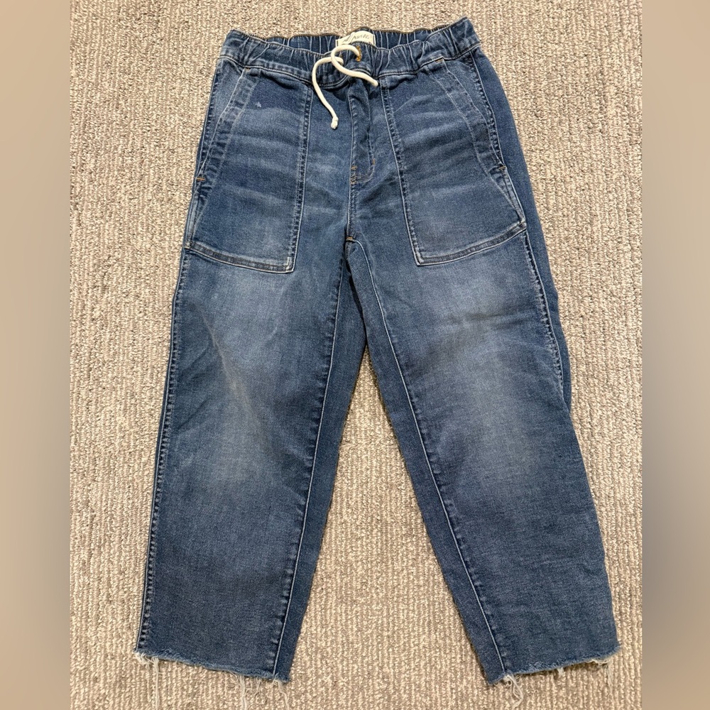 Madewell Denim Pull On Pants XS Elastic Waist Drawstring Wide Leg Raw Hem